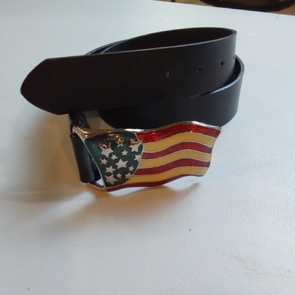 Mens Black PU Leather Belt With American Flag Wave Enamel Buckle New Sz.Large